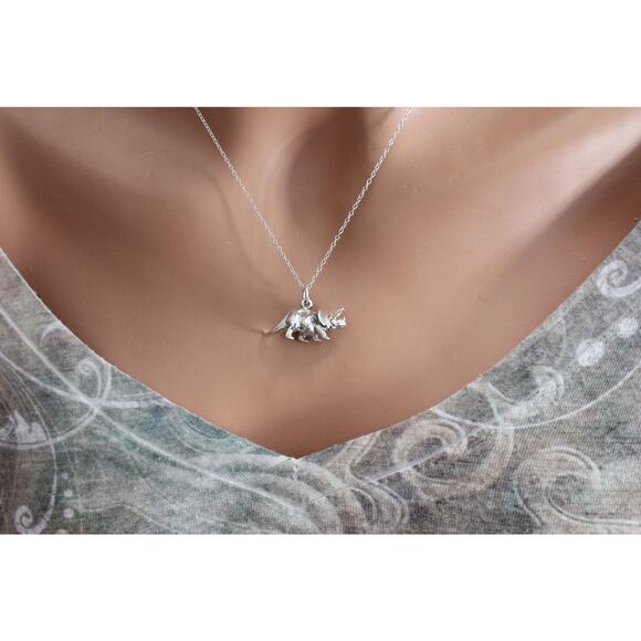Sterling Silver Triceratops Dinosaur Charm Necklace - Picture 1 of 4
